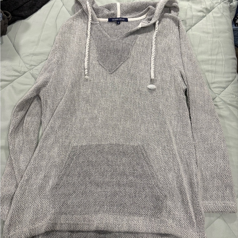 Ocean Drive Gray Hooded Knit Pullover with Braided Drawstrings